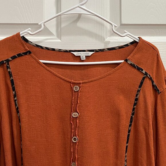 John Mark Orange Tunic Top Blouse Long Sleeves w/ Tie Wrists Buttons Women's XL - Picture 3 of 12